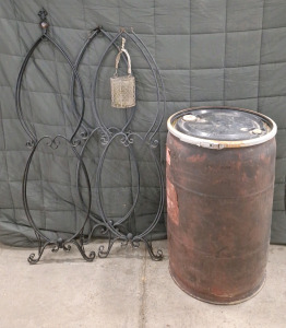 (1) 50-Gallon Polly Drum W/Lid Clamp & (3) Lawn Ornaments