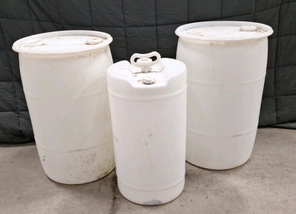 (2) 30-Gallon Plastic Drums & (1) 15-Gallon Plastic Drum