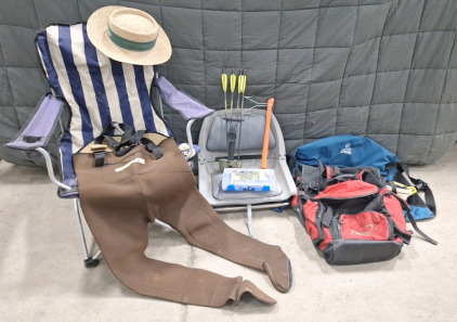 (1) Pair Hodgman Waders, Medium, (1) Folding Chair, (1) Boat Seat & More