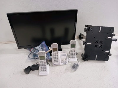 Samsung Tv 21.5 and Monitor Stand and Panasonic Cordless Phone Set