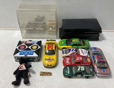 Assortment Of Nascar Diecast Cars (1) Nascar Collectors Edition Tic Tac Toe/Checkers (8) Display Cases & More