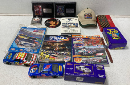 Assortment Of Racing Collectibles Including (1) Dale Earnhardt #8 Flask (2) Matchboxes (2) Ernie Irvan Plaques & More