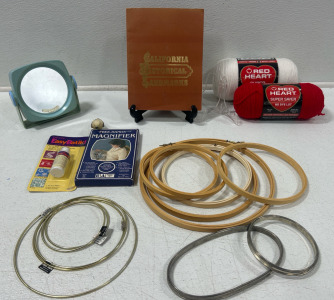 (8) Vintage Cross Stich Hoop, Yarn, (5) Metal Craft Rings, & More