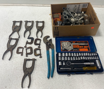 (5) Locking Pliers (1) 40 Piece Rachet Socket Set (5) Mini C Clamps & More