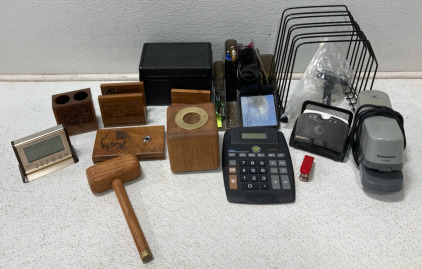 (1) Buliva Quartz Electric Calendar (1) Panasonic Electric Stapler (6) Wooden Paperweights & Much More