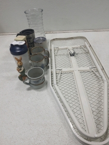 (3) Blue Bird Coffee Cups, (1) Glass Vase, (1) Small Ironing Board & More