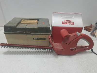 (1) CP Plano Tacklebox, (1) Igloo Playmate Ice Box (1) Homlite Eletric Hedge Trimmer & More