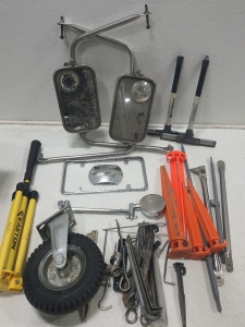 (2) Tow mirrors (1) Tee-Ball Stand, Assorted Ground Stakes(Metal and plastic) & More