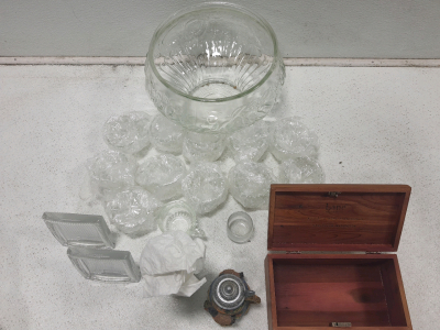 (1) Large Glass Bowl, (12) Glass Tea Cups (2) Glass Picture Frames & More
