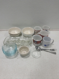 (1) Assorted glass bowls, (1) Assorted Ceramic Bowls, (5) Assorted Coffee cups & More