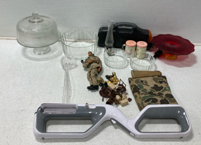 (1) Vintage Amberina “Moon And Stars” Cake Plate (1) Tool Holder Case With Krypton Lamp And Emergency Light (1) Military Man Toy With Accessories