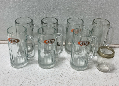 (7) Vintage 7” A&W Root Beer Glass Mugs (1) 3” Mason Jar