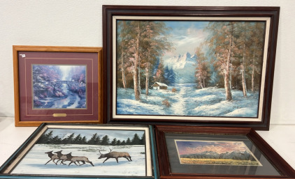 24 x 36 Winter Mountain Painting, 28x22 Snowy Elk Painting /W More