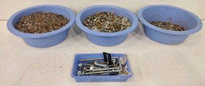 Three Bowls of Assorted Nails, Screws & Bolts