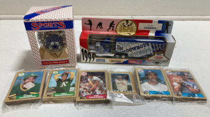 1995 Dallas Cowboys Matchbox Truck, Dallas Cowboys Ornament, (6) Vintage Packs of Baseball Cards