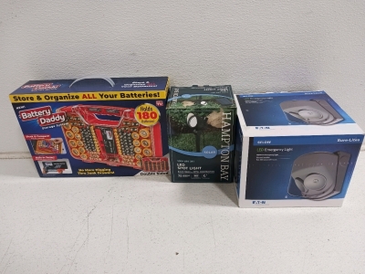 Hampton Bay Solar LED Spot Light 75Lm, Eaton SELDW60SD Emergency LED Light 2x 300lm, and Battery Daddy
