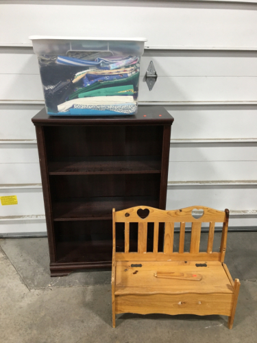 Small Bookshelf 42x29x14, Small Bench (needs repair), and Tote Full Of Fabric