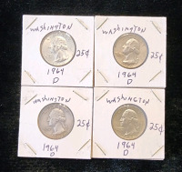 (4) 1964 Washington Quarters, D Mint Stamp, Authentication Unavailable