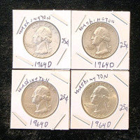 (4) 1964 Washington Quarters, D Mint Stamp, Authentication Unavailable