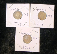 (3) Early 1900s Mercury Dimes - 1917, 1918, 1944