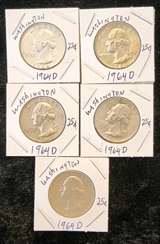 (5) 1964 Washington Quarters, D Mint Stamp, Authentication Unavailable