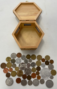 Trinket Box W/ Foreign & Liberty Coins (Unverified)