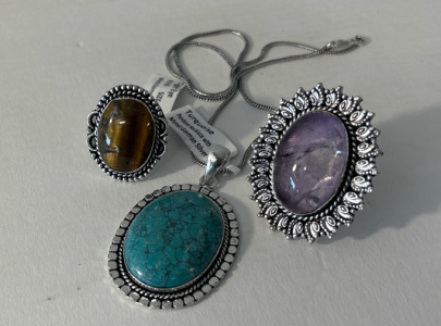 Gemstone/Silver Jewelry, (2) Rings, Size 9, (1) Pendant W/ Chain