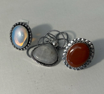 Gemstone & Silver Jewelry, (2) Rings, Size 8, (1) Pendant W/ Silver Chain