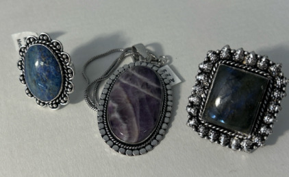 Gemstone & Silver Jewelry, (2) Rings Size 8, (1) Pendant W/ Silver Chain