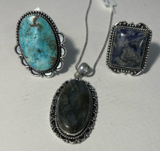 Gemstone & Silver Jewelry, (2) Rings Size 7, (1) Pendant W/ Silver Chain