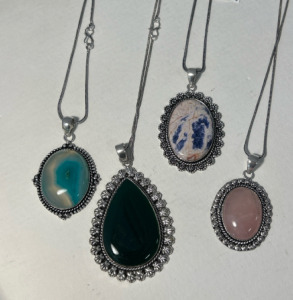 Gemstone & Silver Jewelry, (4) Pendants W/ Silver Chain