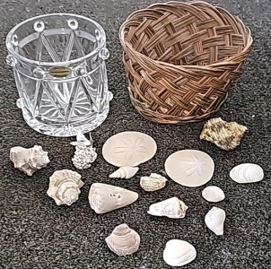 24% Lead Crystal Bowl, Wicker Basket, & Shells