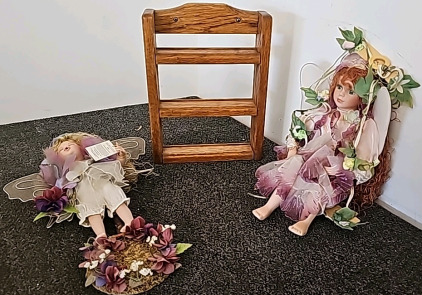 (2) Vintage Porcelain Dolls & Wooden Spice/Nick Nack Shelf