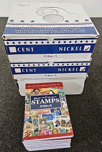 (3) Boxes Of Cent Or Nickel Coin Tube's, (8) How To Collect Stamps Books