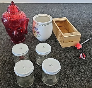 Ruby Red Glass Buddha Head, Flower Pot, (2) Metal Darts, (4) Glass Jar W/ Lids