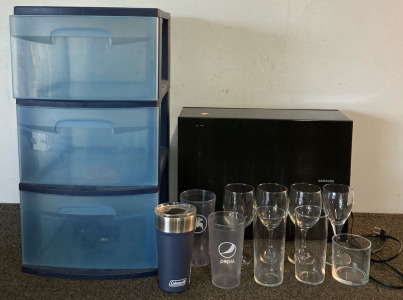 Samsung Surround Sound, Organizing Cabinet, & Drinking Glasses