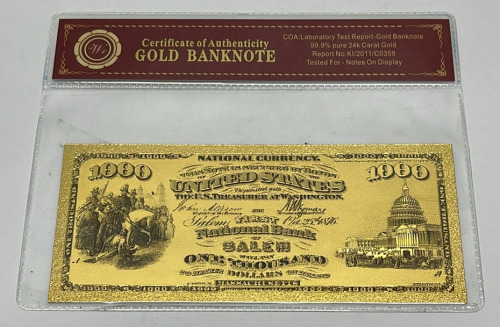 $1000 United States First National Bank Of Salem Gold Banknote W/ COA