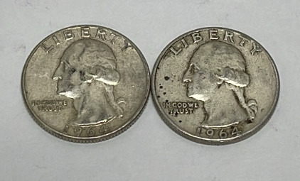 (2) Silver Washington Quarters Dated 1964