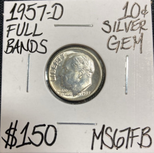 1957-D MS67FB Full Bands Gem Silver Dime