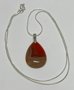 Orange & White Striped Onyx Agate Teardrop Pendant W/ Silver .925 Necklace