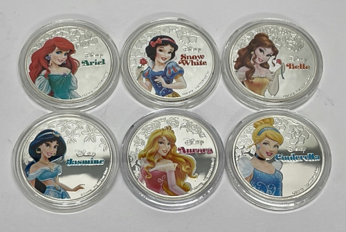One (6) Piece Set Of 1oz. 99.9% Fine Silver Plated Disney Princess Collectible Coins