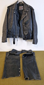 (1) River Road Leather Motorcycle Jacket, Size 52 & (1) Pair River Road Leather Chaps, XL