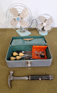 (1) Small Metal Toolbox W/Assorted Hand Tools & (2) Vintage Fans