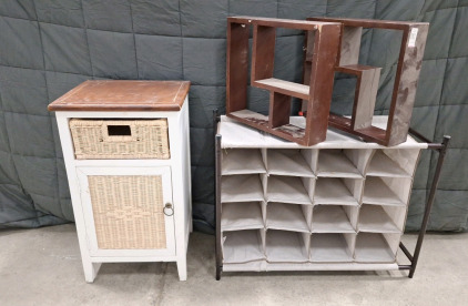 (1) Small Cabinet W/Wicker Drawer & Door, (1) Shoe Organizer & (2) Small Wall Shelves