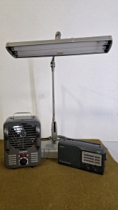 (1) Vintage Desk Lamp, (1) Small Space Heater & (1) Sony ICF-34 TV/Am/FM/Weather Radio