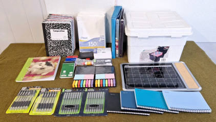 (1) File Storage Tote & Assorted Pens, Composition Notebooks, Loose Leaf Notebook Paper & More