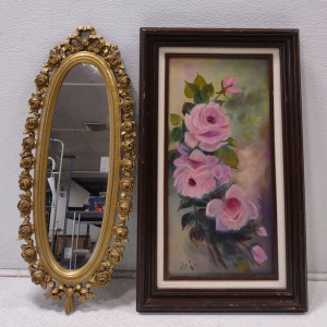 Original Oil Painting 10"x26" "Roses are Pink" w/ Vintage Florentine Long Oval Gold Mirror Roses Syroco