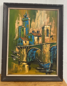 (1) 36&rdquo;x48&rdquo; Landscape House and Boat Painting Singed by Saimural