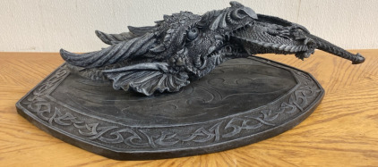(1) 16&rdquo;x7&rdquo;x10&rdquo; Black Dragon Eating a Smaller Dragon On a Shield Wall Decor