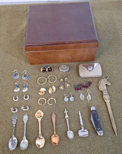 (1) Wooden Jewelry Box W/ Assorted Cosmetic Jewelry & More
